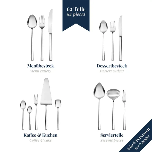 62-tlg. Besteckset Palladio 18/10 Edelstahl mattiert Wilkens 057.18.620